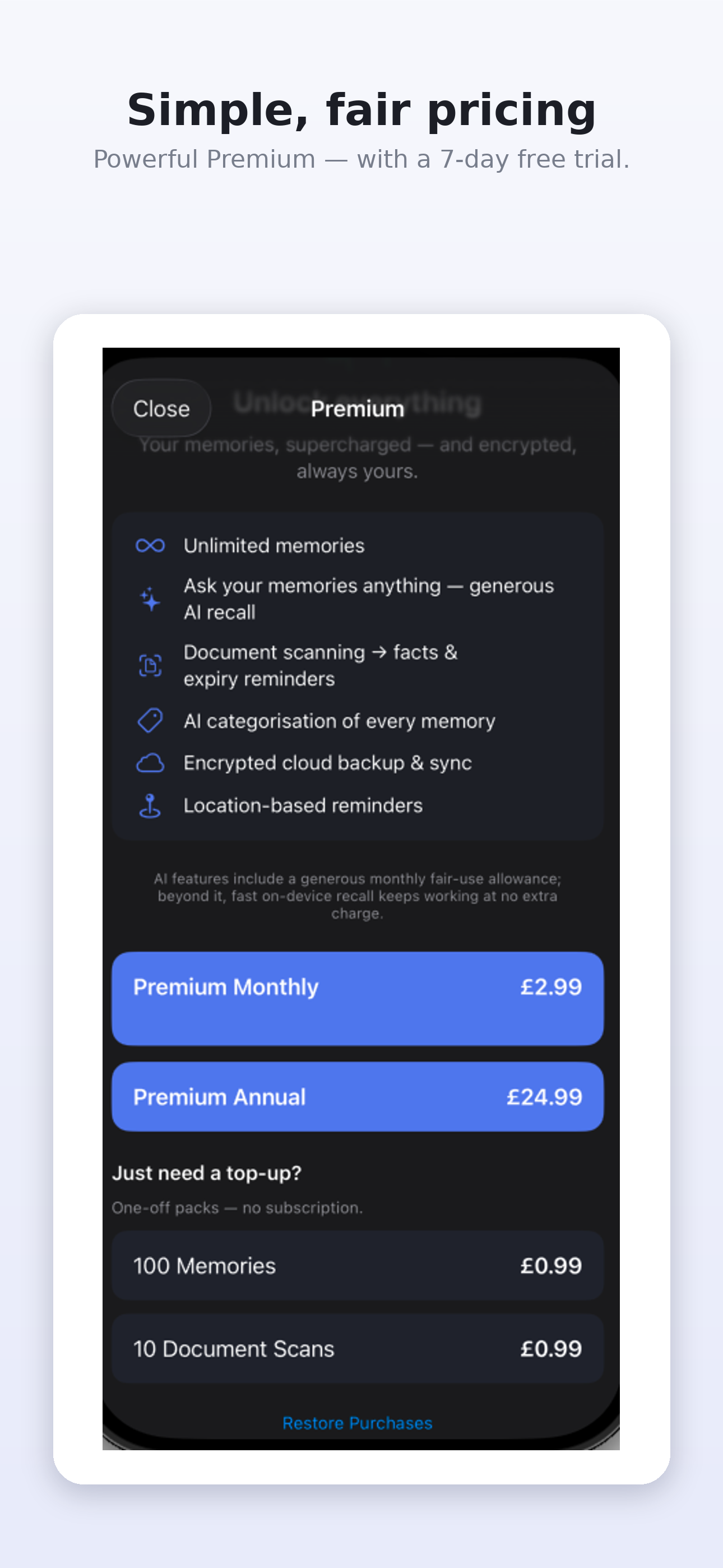 Simple, fair pricing with a 7-day free trial
